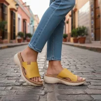 21005 -os női Dr Feet bőr papucs - mustar sarga